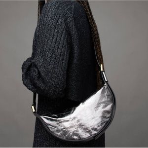 All Saints Half Moon Metallic Leather Crossbody Bag in Pewter